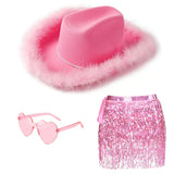 Pink Cowgirl Costume SET for Women Girl:cowboy Hat with Feathers,Space Skirt,HEART-SHAPED GLASSES, halloween accessories