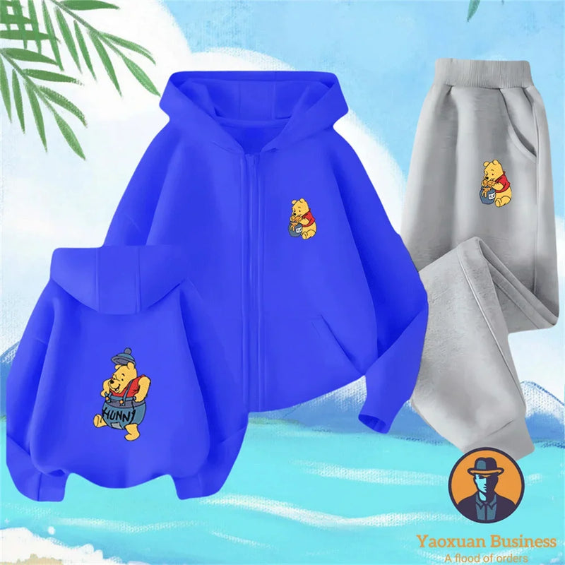Winnie The Pooh Spring Autumn Cute 2Pcs Casual Hoodie+Pants Tracksuits 3-14 Years Boys Girls Outfits Children Clothes