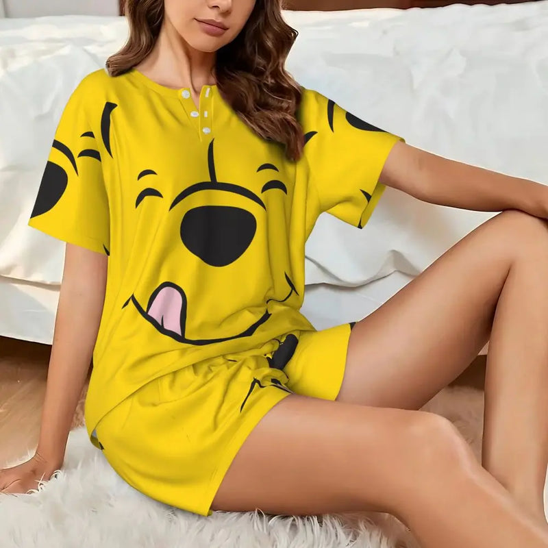 Custom Winnie The Pooh Pajama Sets Womens 2 Piece Short Sleeve Pjs Shorts Sleepwear