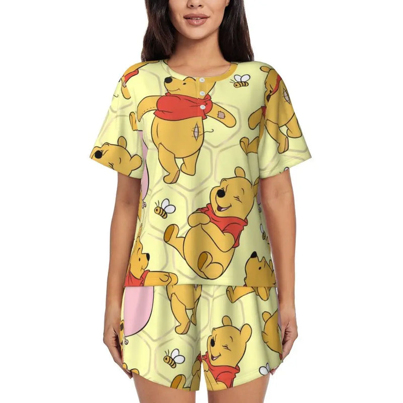 Custom Winnie The Pooh Pajama Sets Womens 2 Piece Short Sleeve Pjs Shorts Sleepwear