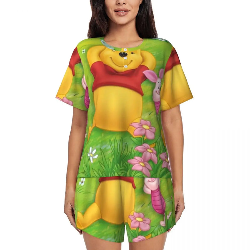 Custom Winnie The Pooh Pajama Sets Womens 2 Piece Short Sleeve Pjs Shorts Sleepwear