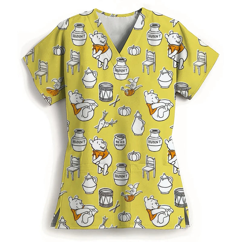 Winnie The Pooh Clinic Hospital Nurse Workwear Teeth 3D Printing T-shirt Women's V-neck Pocket Medical Clothing Nursing Top Work