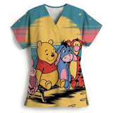 Winnie The Pooh Heart Nurse Uniform Print Tops V-Neck Pocket Medical Uniforms Nursing Scrubs Tops Working Clothes Uniforme Enfer