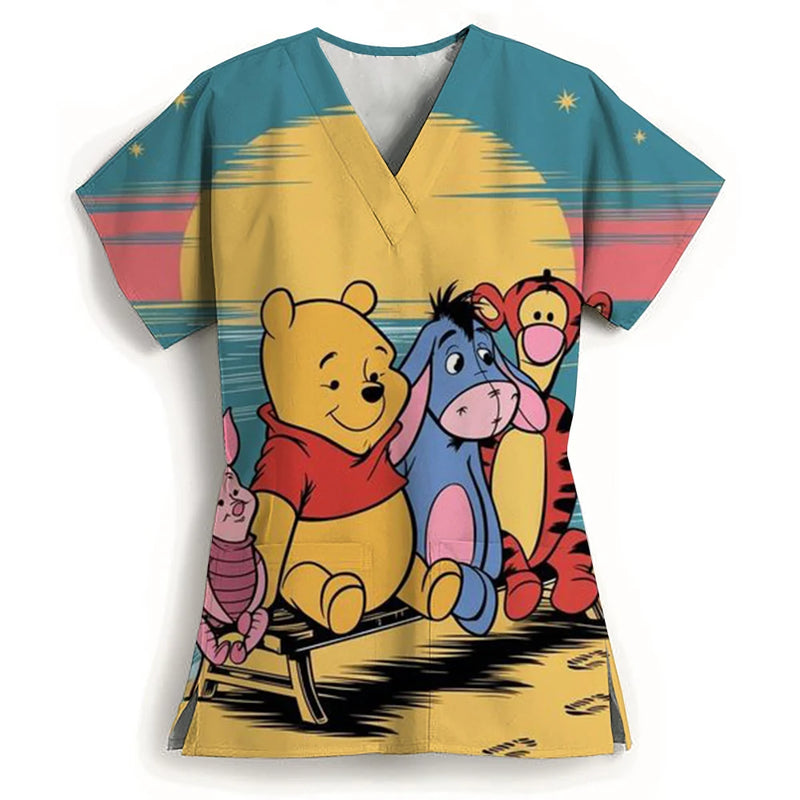 Winnie The Pooh Heart Nurse Uniform Print Tops V-Neck Pocket Medical Uniforms Nursing Scrubs Tops Working Clothes Uniforme Enfer