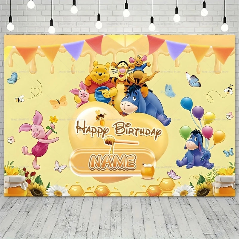 Custom Cartoon Winnie the Pooh Photography Background Personalized Name Children Birthday Decoration Party Supplies Banner