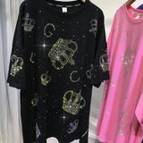 XL-4XL Plus Size T-shirts for Women Crown Rhinestone Luxury Loose Summer Short Sleeve Tops Womens Clothing Занзеа Женская Одежда