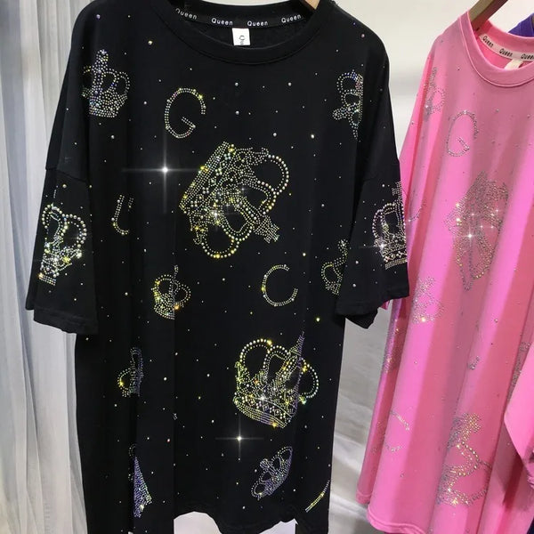 XL-4XL Plus Size T-shirts for Women Crown Rhinestone Luxury Loose Summer Short Sleeve Tops Womens Clothing Занзеа Женская Одежда