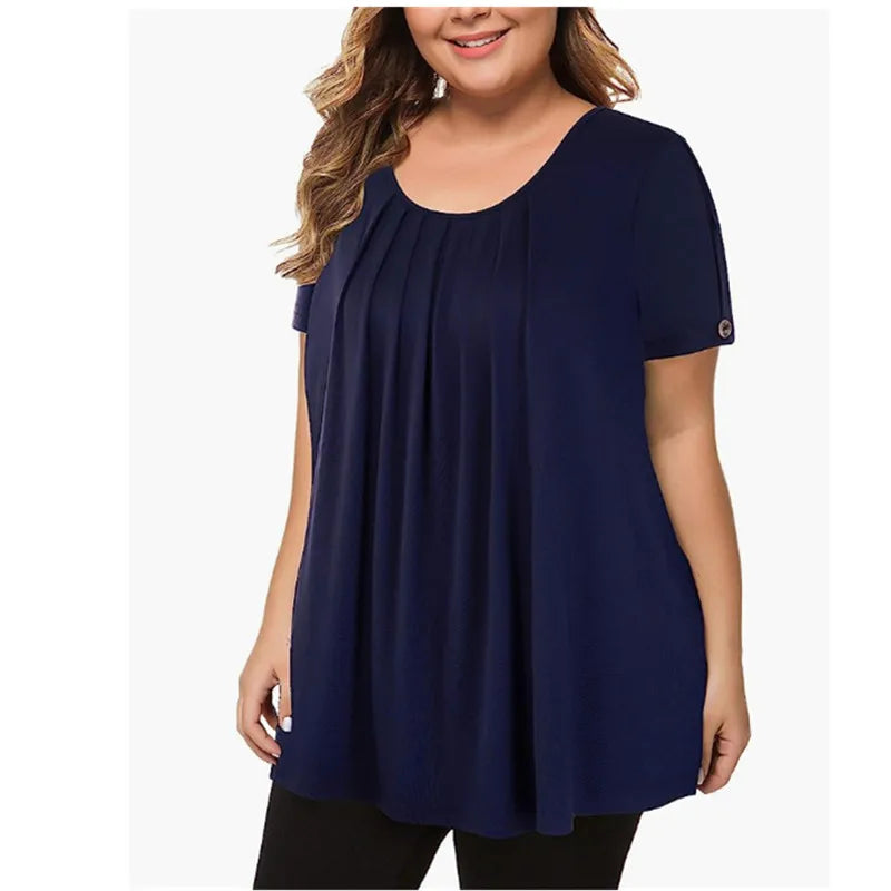 5XL Plus Size T Shirt Summer Woman Short Sleeve O-Neck Casual Tops Loose Female Pleated Blouse Tunic Solid Color Pullover Tops