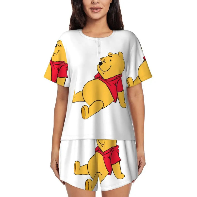 Custom Winnie The Pooh Pajama Sets Womens 2 Piece Short Sleeve Pjs Shorts Sleepwear