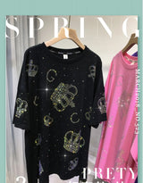 XL-4XL Plus Size T-shirts for Women Crown Rhinestone Luxury Loose Summer Short Sleeve Tops Womens Clothing Занзеа Женская Одежда