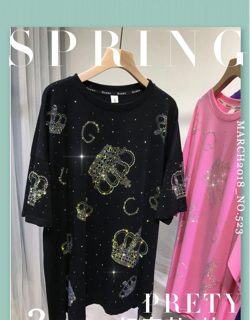 XL-4XL Plus Size T-shirts for Women Crown Rhinestone Luxury Loose Summer Short Sleeve Tops Womens Clothing Занзеа Женская Одежда