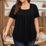 5XL Plus Size Woman Clothing Solid Color Short Sleeve T-shirt Elegant Pleated Square Neck Casual Tees Large Size Ladies Tops