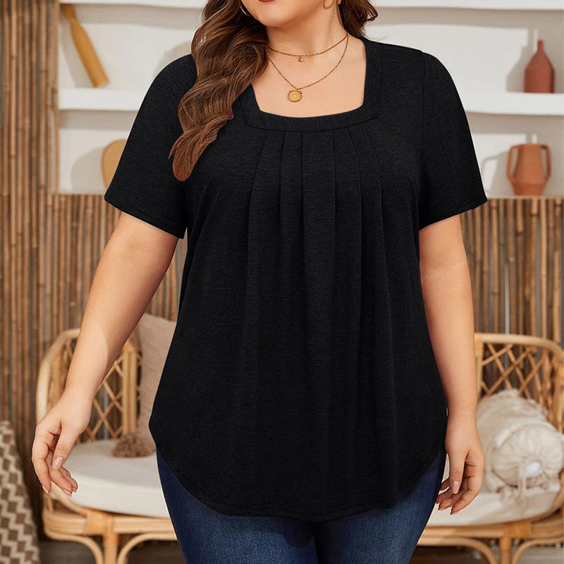 5XL Plus Size Woman Clothing Solid Color Short Sleeve T-shirt Elegant Pleated Square Neck Casual Tees Large Size Ladies Tops