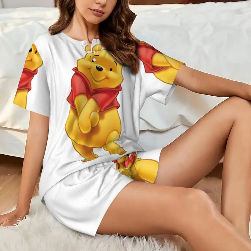 Custom Winnie The Pooh Pajama Sets Womens 2 Piece Short Sleeve Pjs Shorts Sleepwear