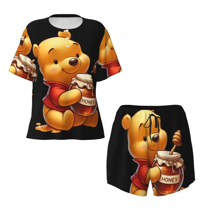 Custom Winnie The Pooh Pajama Sets Womens 2 Piece Short Sleeve Pjs Shorts Sleepwear