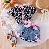 Kids Girls Western Cowgirl Outfit Cow Print Off Shoulder Smocked Shirt Top with Denim Shorts Daily School Party Holiday Costume