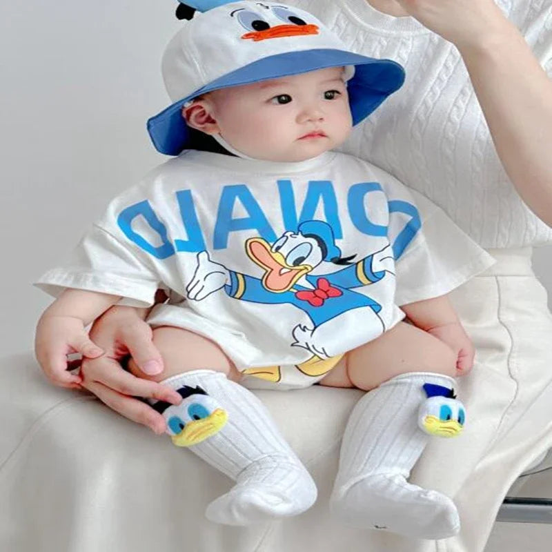 Newborn Baby Boys Girls Rompers+Sock+Hat 3pcs Set Cartoon Mickey Pooh Donald Duck Print Cotton Clothes Jumpsuit Infant Bodysuits
