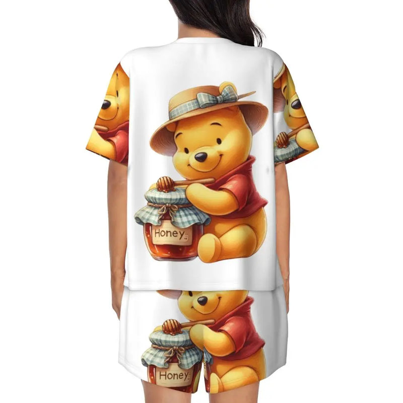 Custom Winnie The Pooh Pajama Sets Womens 2 Piece Short Sleeve Pjs Shorts Sleepwear