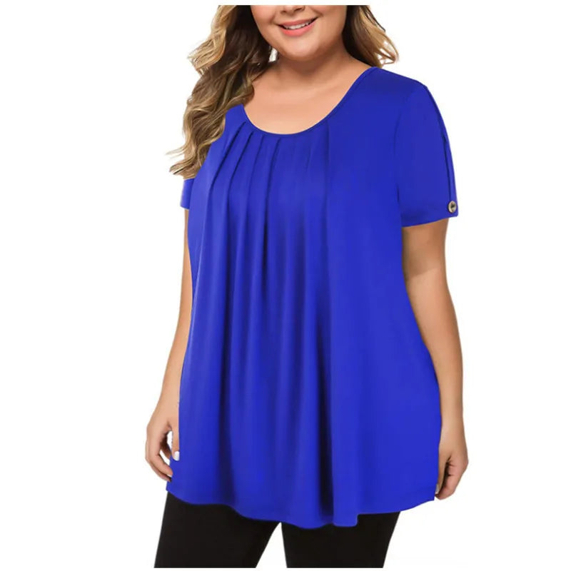 5XL Plus Size T Shirt Summer Woman Short Sleeve O-Neck Casual Tops Loose Female Pleated Blouse Tunic Solid Color Pullover Tops