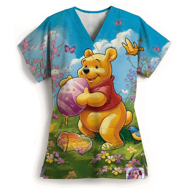 Winnie The Pooh Heart Nurse Uniform Print Tops V-Neck Pocket Medical Uniforms Nursing Scrubs Tops Working Clothes Uniforme Enfer
