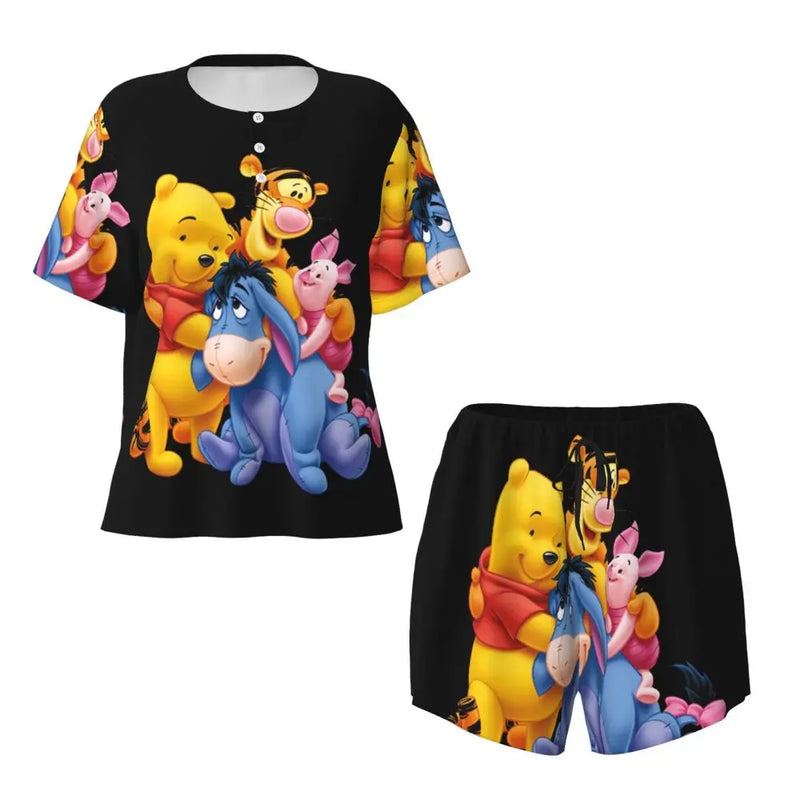Custom Winnie The Pooh Pajama Sets Womens 2 Piece Short Sleeve Pjs Shorts Sleepwear