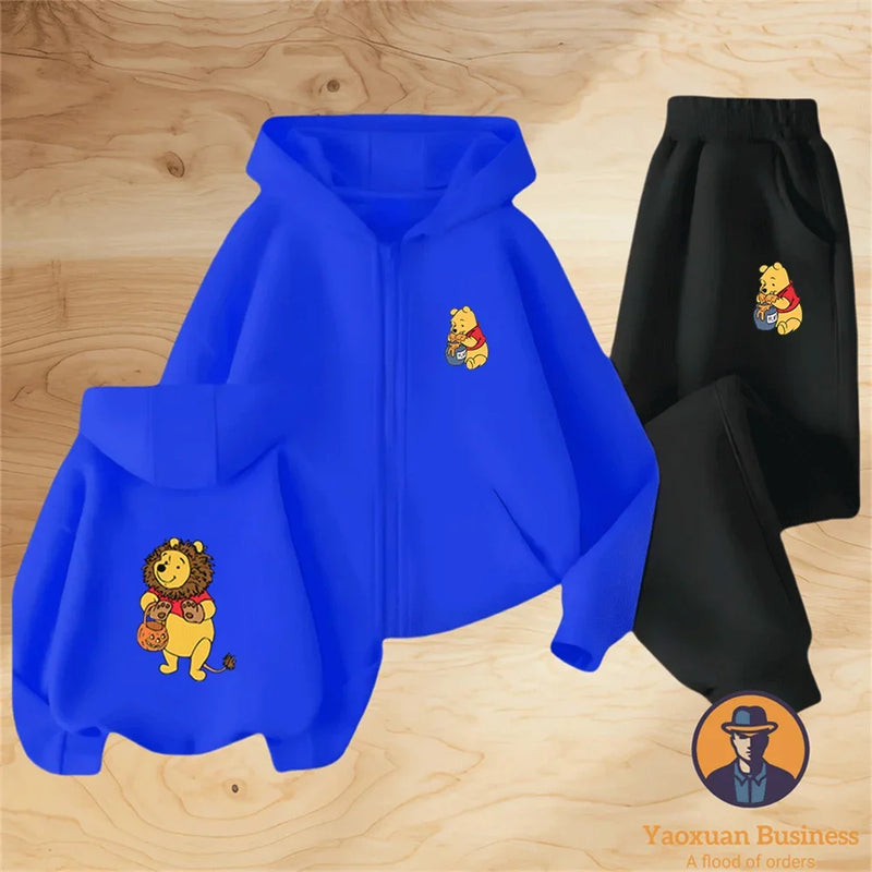 Winnie The Pooh Spring Autumn Cute 2Pcs Casual Hoodie+Pants Tracksuits 3-14 Years Boys Girls Outfits Children Clothes