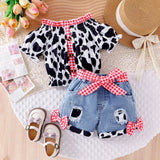 Baby Girls Summer Western Cowgirl Outfit Cow Print Off Shoulder Smocked Shirt Top with Denim Shorts for Daily School Party Wear