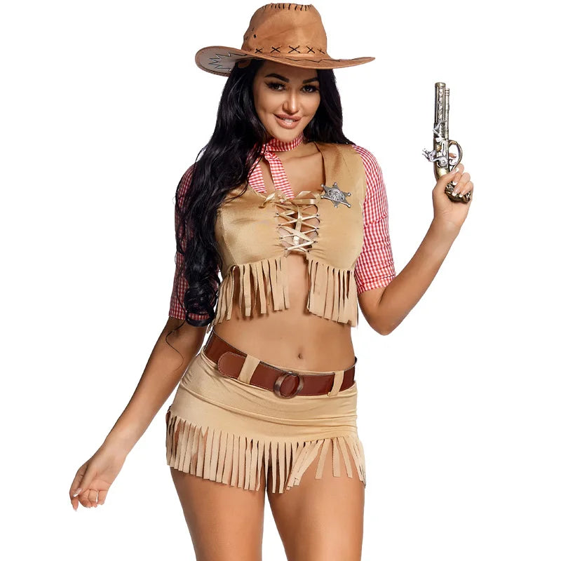 Sexy Women Cowgirl Costume Adult Party dress Crop Top Tassel Skrit Halloween American Western Cosplay Outfit