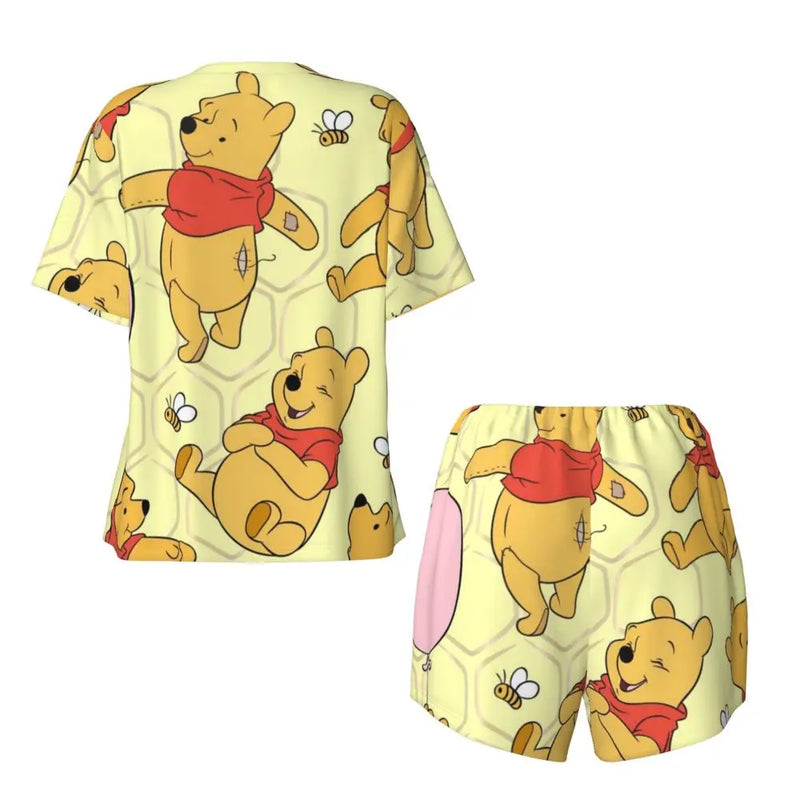 Custom Winnie The Pooh Pajama Sets Womens 2 Piece Short Sleeve Pjs Shorts Sleepwear