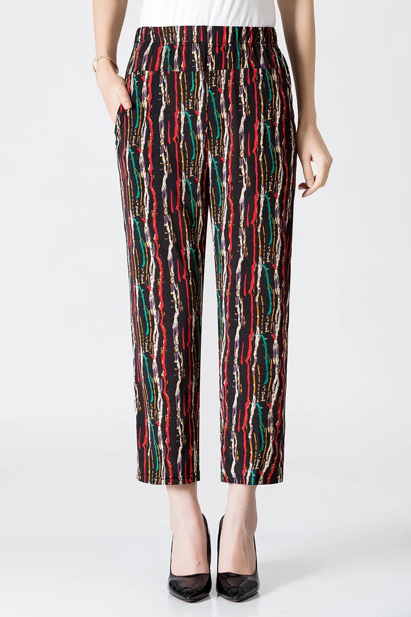 XL-8XL Plus Size Women Harem Pants Casual Elastic High Waist Pants Print Middle Aged Women Loose Straight Pants Mom Trousers