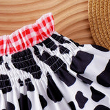Baby Girls Summer Western Cowgirl Outfit Cow Print Off Shoulder Smocked Shirt Top with Denim Shorts for Daily School Party Wear