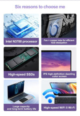 2025 New Laptop Global Version Intel N3700 Ultra Thin 14.1-inch HD Screen 16G+2048G DDR4 High Speed WIFI 5+Office computer