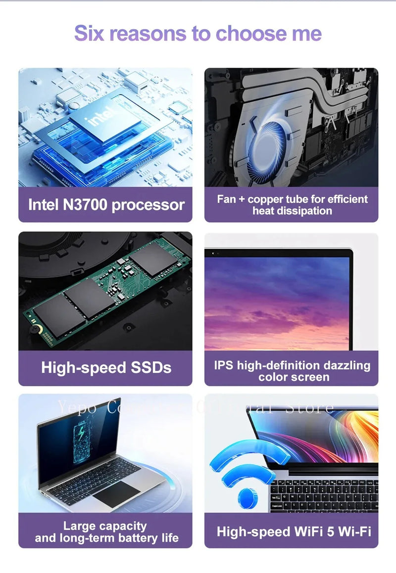 2025 New Laptop Global Version Intel N3700 Ultra Thin 14.1-inch HD Screen 16G+2048G DDR4 High Speed WIFI 5+Office computer
