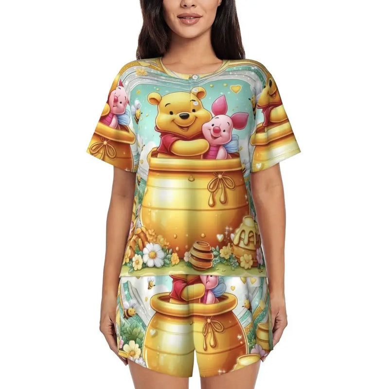 Custom Winnie The Pooh Pajama Sets Womens 2 Piece Short Sleeve Pjs Shorts Sleepwear