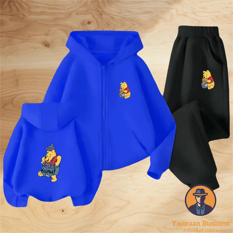 Winnie The Pooh Spring Autumn Cute 2Pcs Casual Hoodie+Pants Tracksuits 3-14 Years Boys Girls Outfits Children Clothes