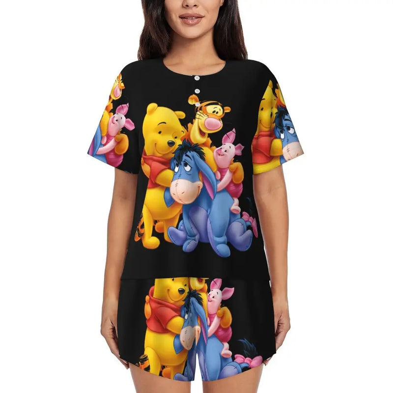 Custom Winnie The Pooh Pajama Sets Womens 2 Piece Short Sleeve Pjs Shorts Sleepwear
