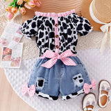 Baby Girls Summer Western Cowgirl Outfit Cow Print Off Shoulder Smocked Shirt Top with Denim Shorts for Daily School Party Wear