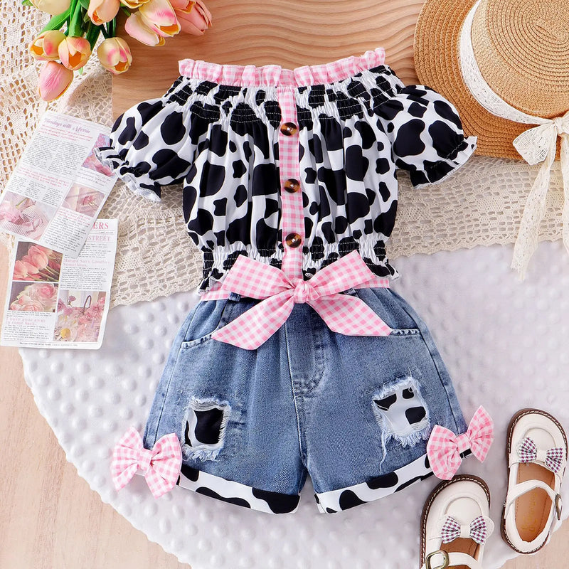 Baby Girls Summer Western Cowgirl Outfit Cow Print Off Shoulder Smocked Shirt Top with Denim Shorts for Daily School Party Wear