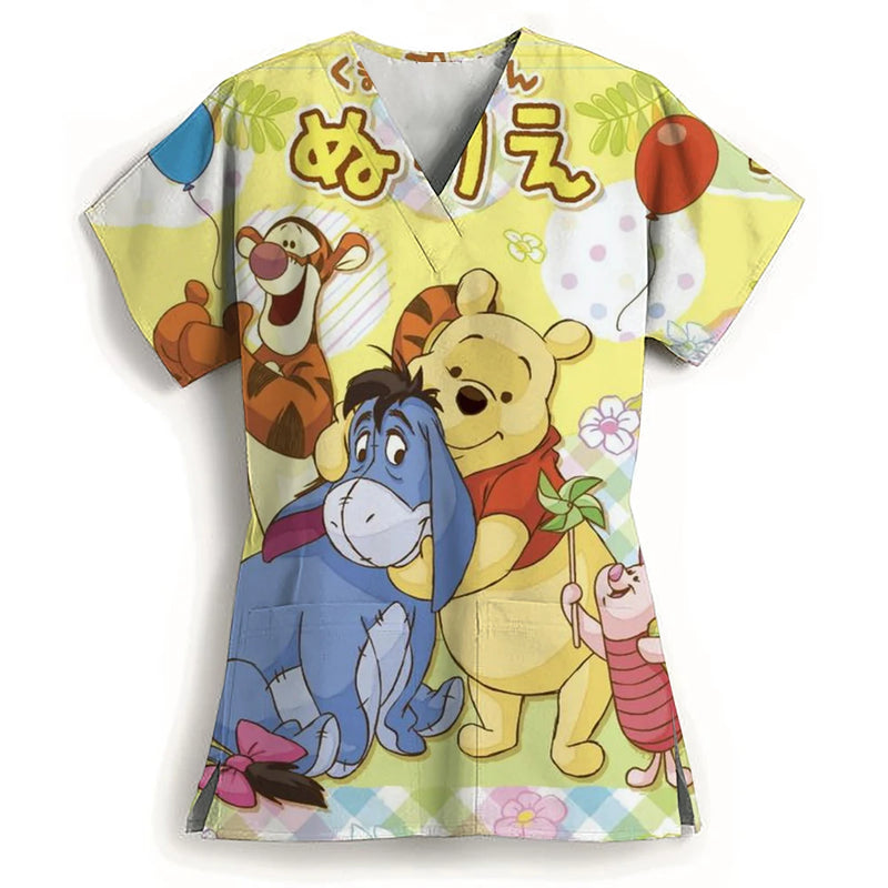 Winnie The Pooh Clinic Hospital Nurse Workwear Teeth 3D Printing T-shirt Women's V-neck Pocket Medical Clothing Nursing Top Work