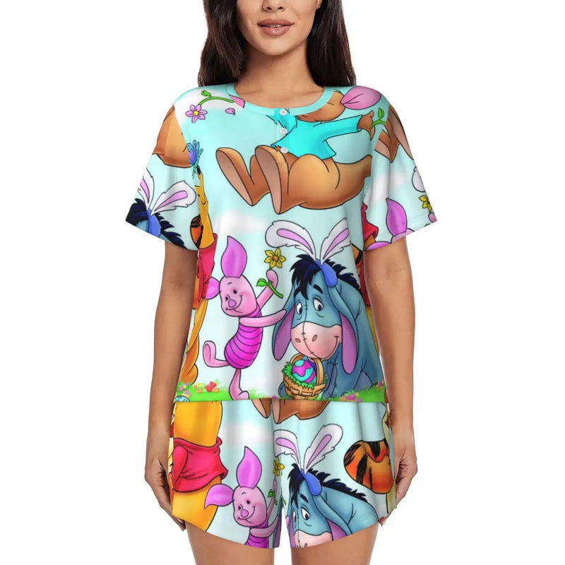 Custom Winnie The Pooh Pajama Sets Womens 2 Piece Short Sleeve Pjs Shorts Sleepwear