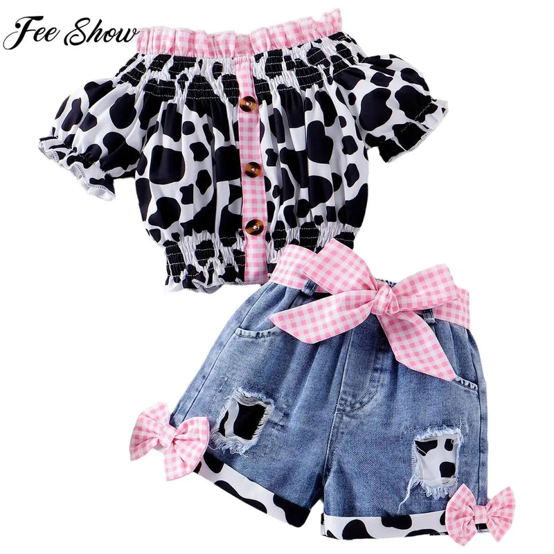 Kids Girls Western Cowgirl Outfit Cow Print Off Shoulder Smocked Shirt Top with Denim Shorts Daily School Party Holiday Costume