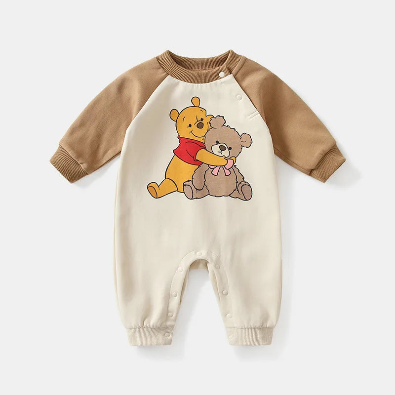 MINISO Winnie the Pooh Baby Color Matching Spring Newborn Climbing Clothes Long Sleeve Soft Cotton Kawaii Bodysuit 0-1 Years