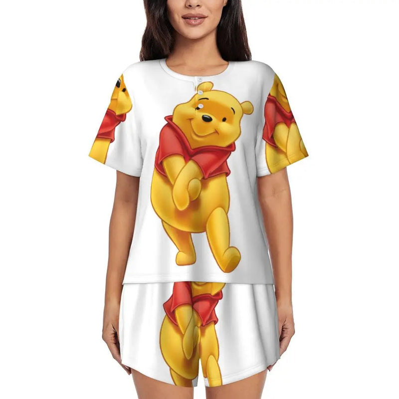 Custom Winnie The Pooh Pajama Sets Womens 2 Piece Short Sleeve Pjs Shorts Sleepwear