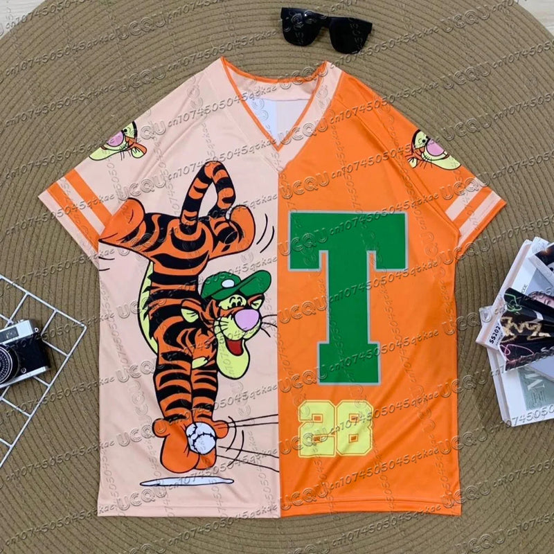 Winnie The Pooh Cartoon Classic Character Sports Jersey T-Shirt V-Neck Fashionable Streetwear Summer Women'S Casual Party Top