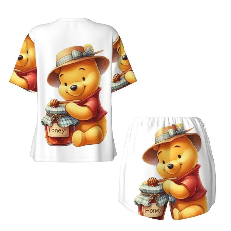 Custom Winnie The Pooh Pajama Sets Womens 2 Piece Short Sleeve Pjs Shorts Sleepwear