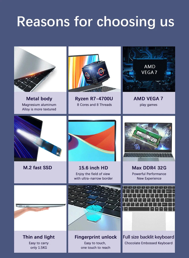 Ultrabook Laptop 15.6 inch AMD R7 4700U Backlit Keyboard Windows11 32GB DDR4 2TB Fingerprint Unlock Gaming Laptop Computer