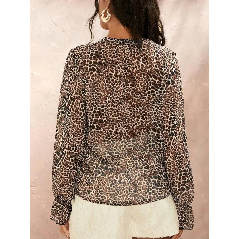 Plus Size 1XL-5XL Women's Casual V-Neck Floral Printed Button Leopard Shirt  Fashion Women's Clothing Office Lady Blouse