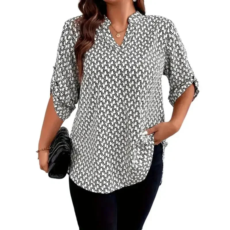 Women's Plus Size 1XL-5XL All Over Print Notch Neck Blouse Casual 3/4 Sleeve Blouse Spring & Fall Clothing