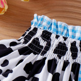 Kids Girls Western Cowgirl Outfit Cow Print Off Shoulder Smocked Shirt Top with Denim Shorts Daily School Party Holiday Costume