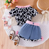Little Girls Western Cowgirl Outfit Cow Print Off Shoulder Smocked Shirt Top with Denim Shorts Summer Daily School Party Clothes